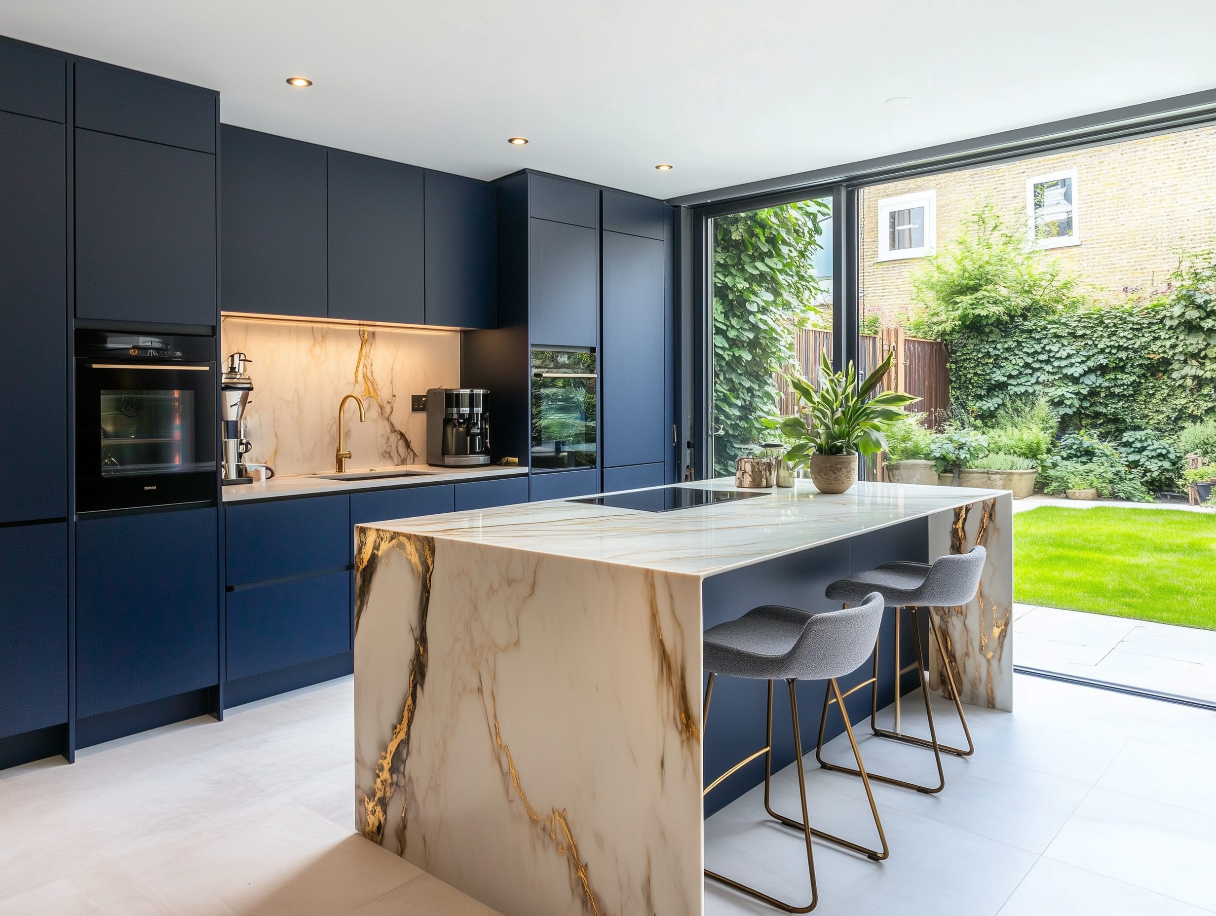 Modern luxury kitchen with deep navy blue handleless cabinets, a statement marble island with gold veining, and integrated appliances. Features a matching marble splashback, brushed gold tap, and elegant grey bar stools with gold legs. Large glass doors provide natural light and a seamless connection to the garden.