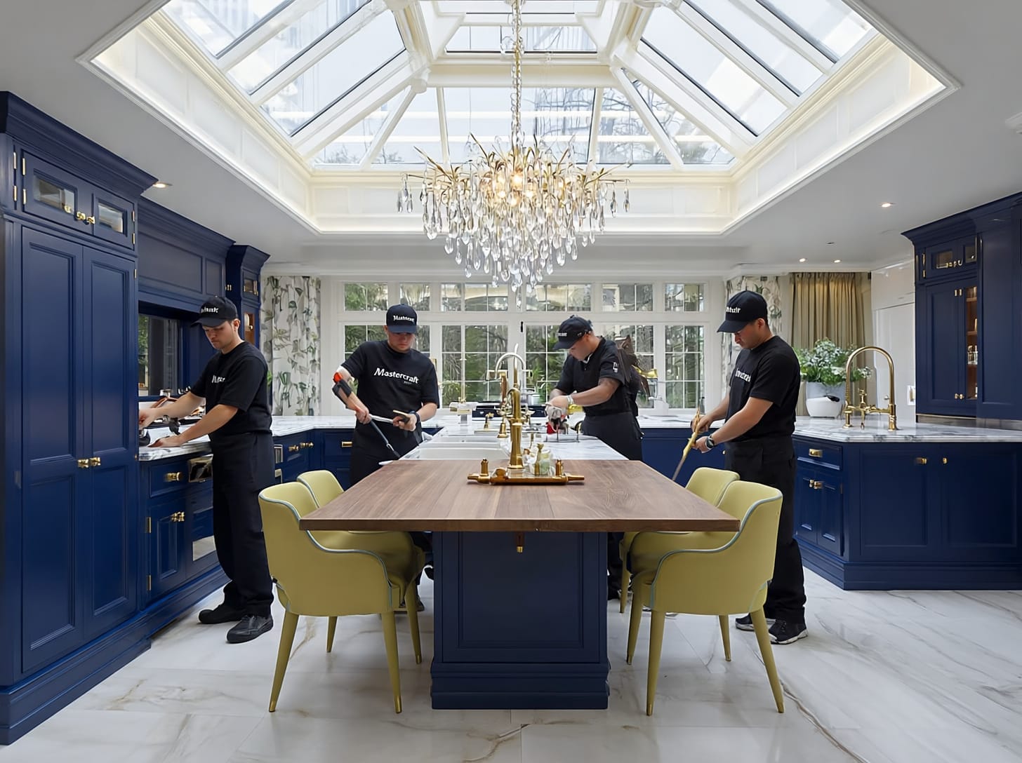 Mastercraft Kitchens installation team fitting a bespoke in-frame kitchen in Liverpool, with navy cabinets, gold accents and a central island under a roof lantern.