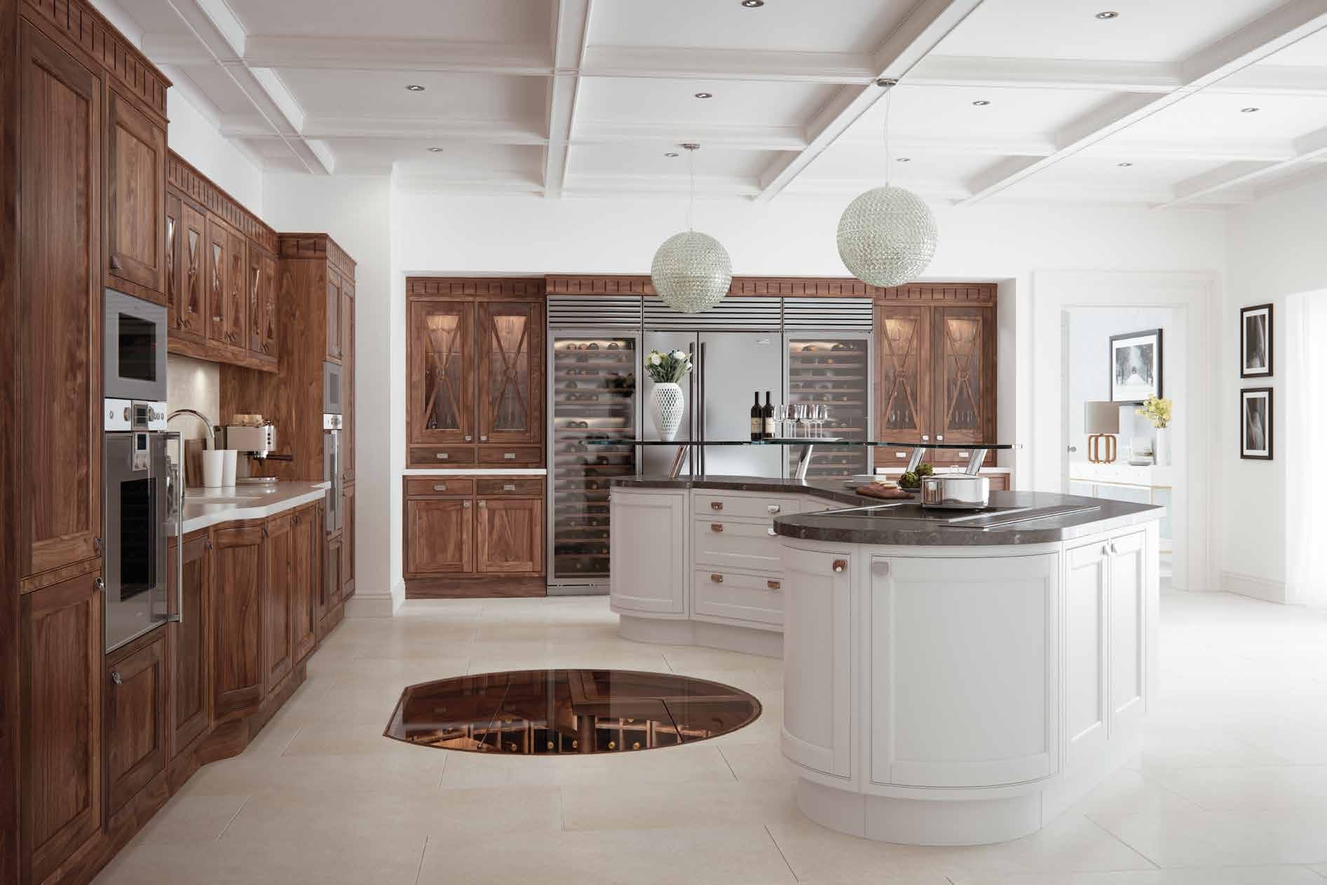 Luxury bespoke kitchen installation in Wirral featuring Aisling solid wood cabinetry, curved island unit and premium integrated appliances by Mastercraft Kitchens.