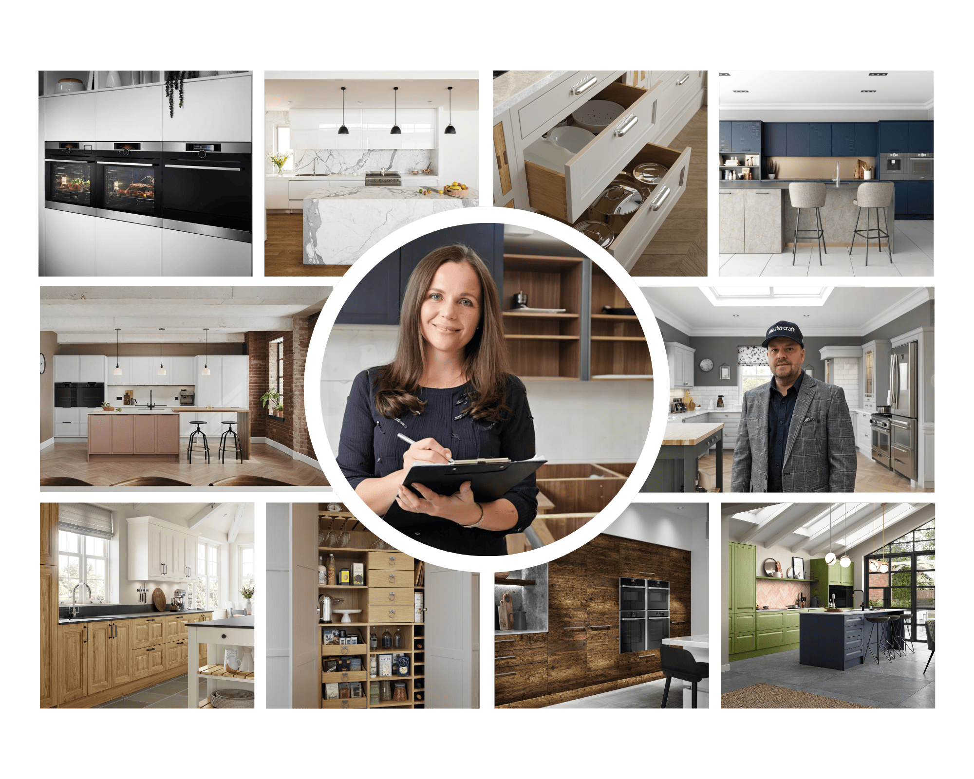 Collage of bespoke kitchens installed across the Wirral by Mastercraft Kitchens, featuring modern, traditional, and shaker designs, with designers and fitters shown on-site