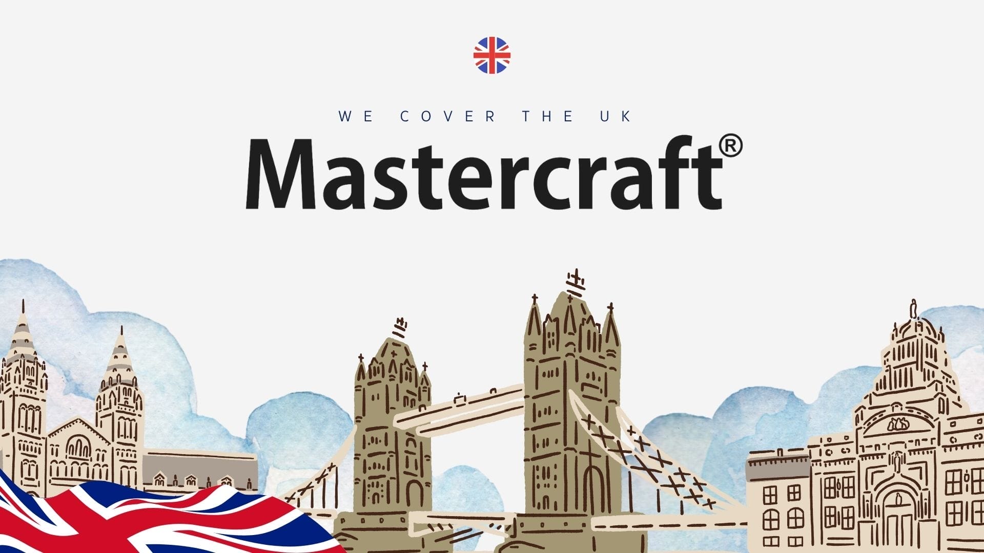Mastercraft Kitchens logo with iconic UK landmarks and British flag banner – representing nationwide kitchen design and installation services.