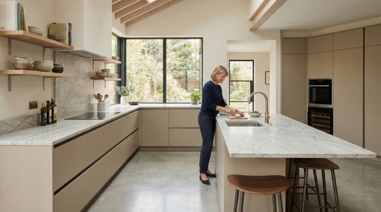 Wide view of a Mastercraft-inspired bespoke kitchen with matt painted slab-door cabinetry, natural oak tones and refined interior detailing, created to illustrate What to know about natural stone worktops before you commit