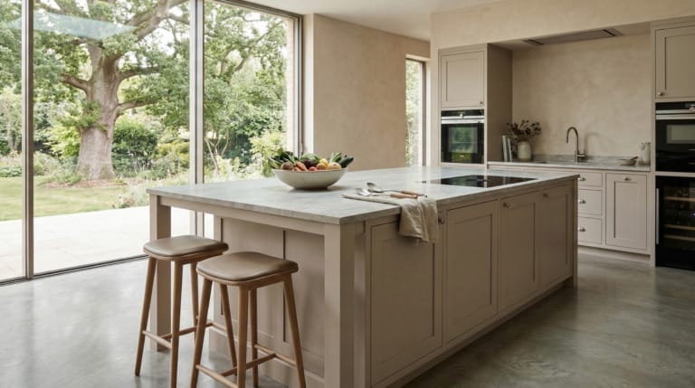 Wide view of a Mastercraft-inspired bespoke kitchen with painted lay-on shaker cabinetry, mushroom taupe tones and refined interior detailing, created to illustrate What makes a kitchen island work - and what makes it fall flat