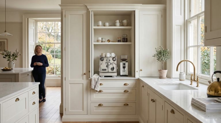 Wide view of a Mastercraft-inspired bespoke kitchen with painted lay-on shaker cabinetry, warm off white tones and refined interior detailing, created to illustrate Planning a coffee station into your kitchen design