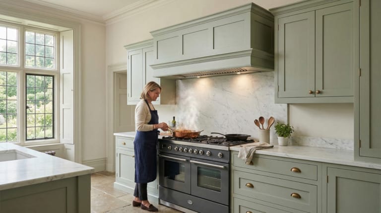 Wide view of a Mastercraft-inspired bespoke kitchen with painted lay-on shaker cabinetry, sage green tones and refined interior detailing, created to illustrate Designing a kitchen that works properly when you love to cook