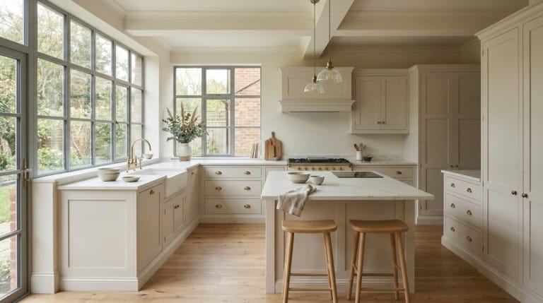 Cream Mastercraft kitchen with marble island, brass handles and large grid windows