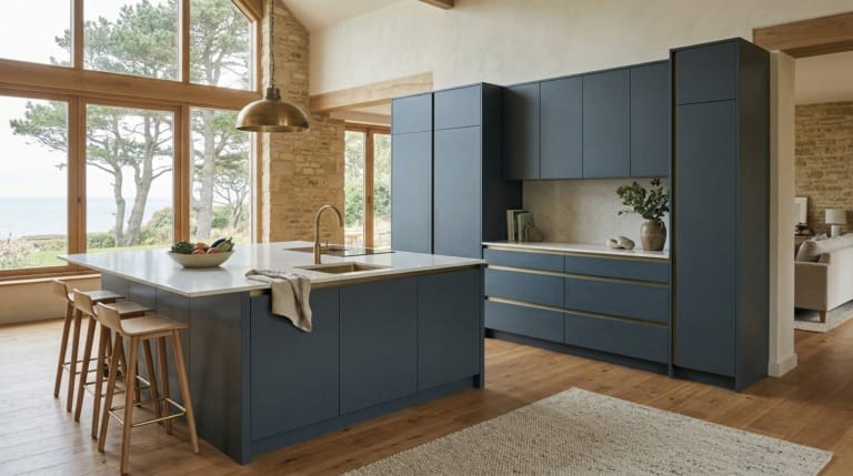 Blue kitchen units with brass handles and large windows overlooking trees