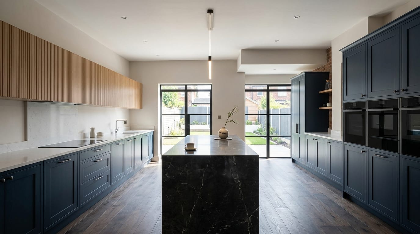 Wide view of a newly completed bespoke Mastercraft kitchen, contemporary painted lay-on cabinetry in indigo tones