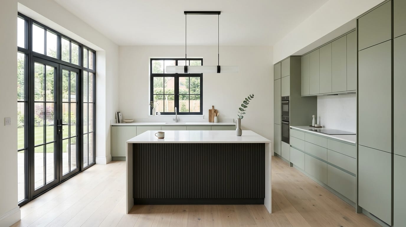 sage green kitchen units with white worktops and black framed windows