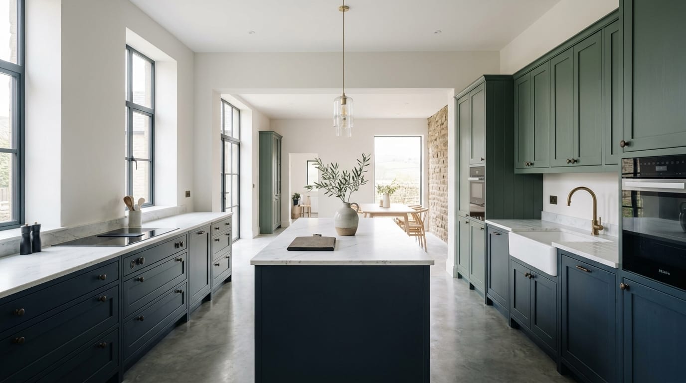 sage green and navy units with marble worktops and central island