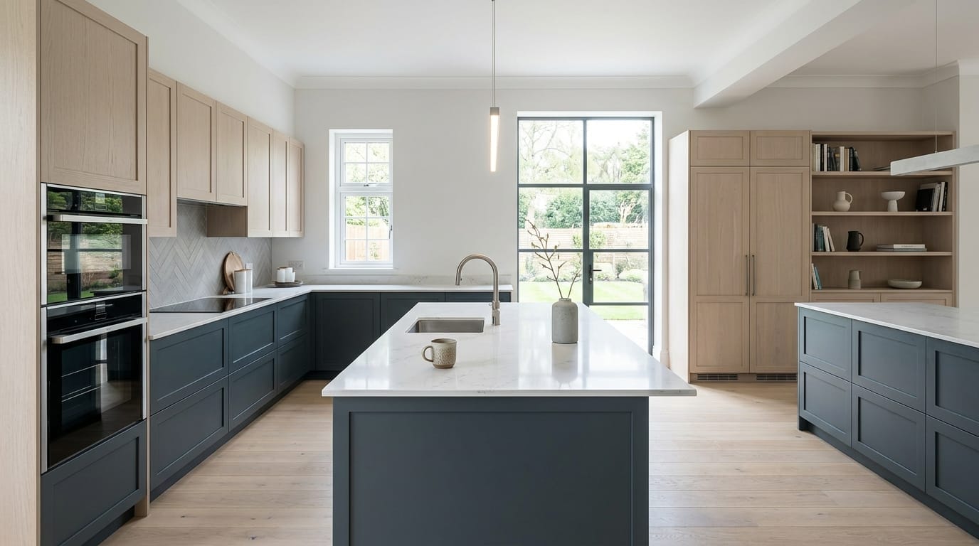 modern kitchen with navy lower units, pale wood cupboards, large window, marble island