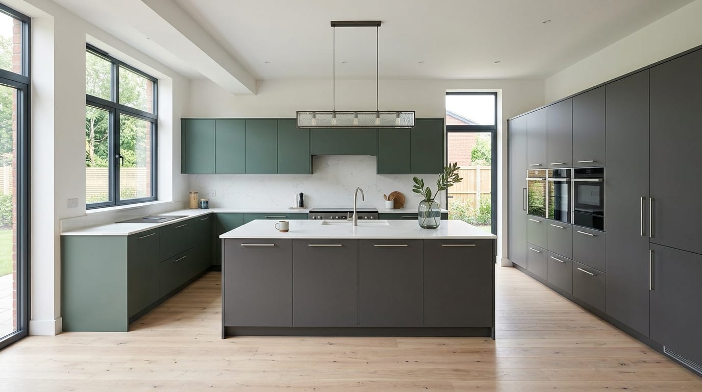 Modern Mastercraft kitchen with matt green and grey units, large island, light wood floor
