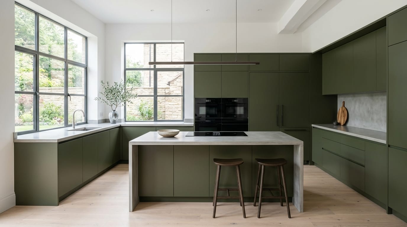 Wide view of a newly completed bespoke Mastercraft kitchen, modern shaker cabinetry in parisian blue tones
