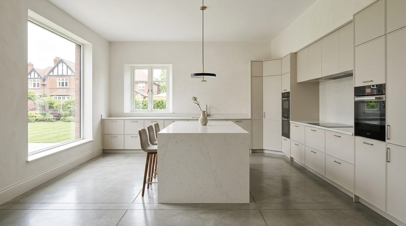 Wide view of a newly completed bespoke Mastercraft kitchen, matt painted handleless slab cabinetry in sage green tones