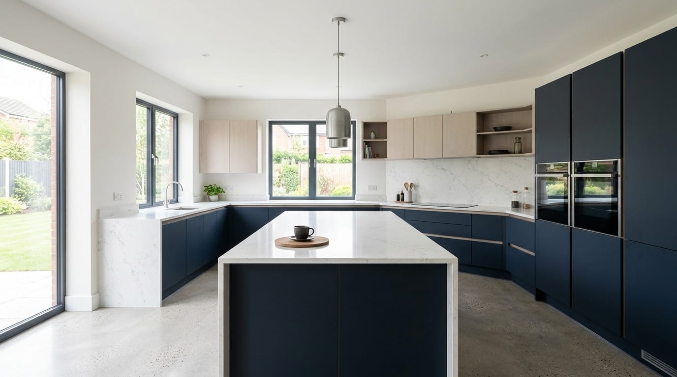 Wide view of a newly completed bespoke Mastercraft kitchen, timber veneer slab-door cabinetry in deep forest tones