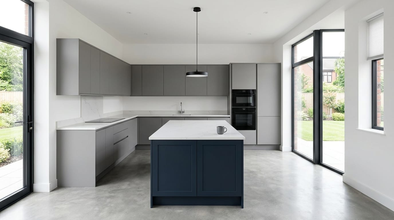 minimalist kitchen with grey cabinets, navy island and large glass doors