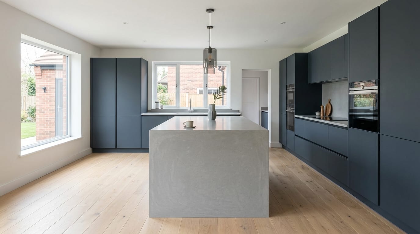 Wide view of a newly completed bespoke Mastercraft kitchen, timber veneer slab-door cabinetry in dust grey tones