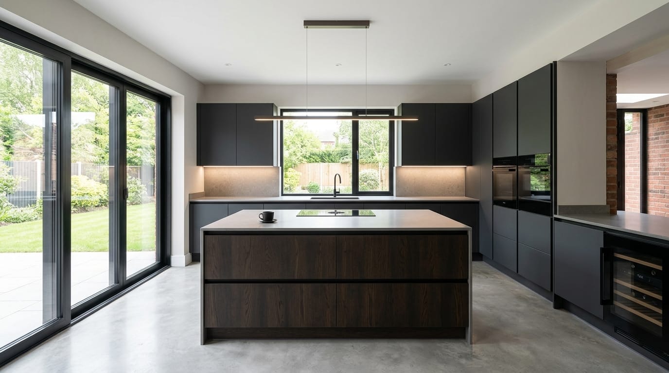 modern kitchen with dark matte units, wood island, large windows and concrete floor