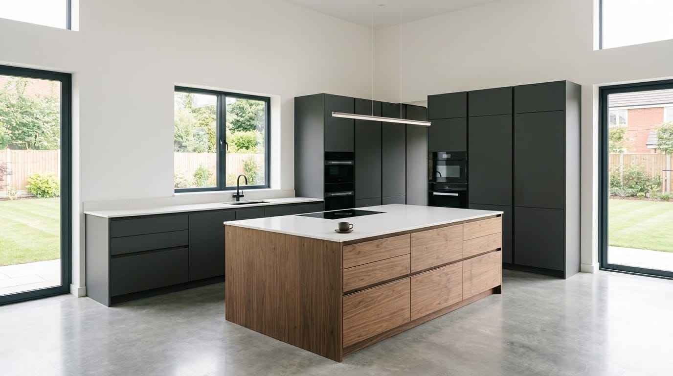 Wide view of a newly completed bespoke Mastercraft kitchen, contemporary in-frame cabinetry in gunmetal grey tones