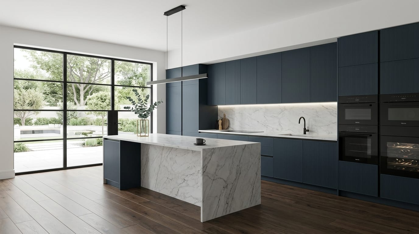 Wide view of a newly completed bespoke Mastercraft kitchen, timber veneer slab-door cabinetry in deep forest tones