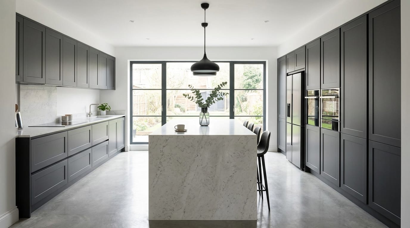 Wide view of a newly completed bespoke Mastercraft kitchen, modern shaker cabinetry in heritage green tones