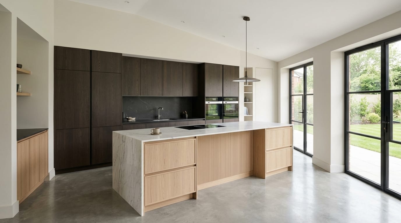 Wide view of a newly completed bespoke Mastercraft kitchen, matt painted handleless slab cabinetry in cashmere tones