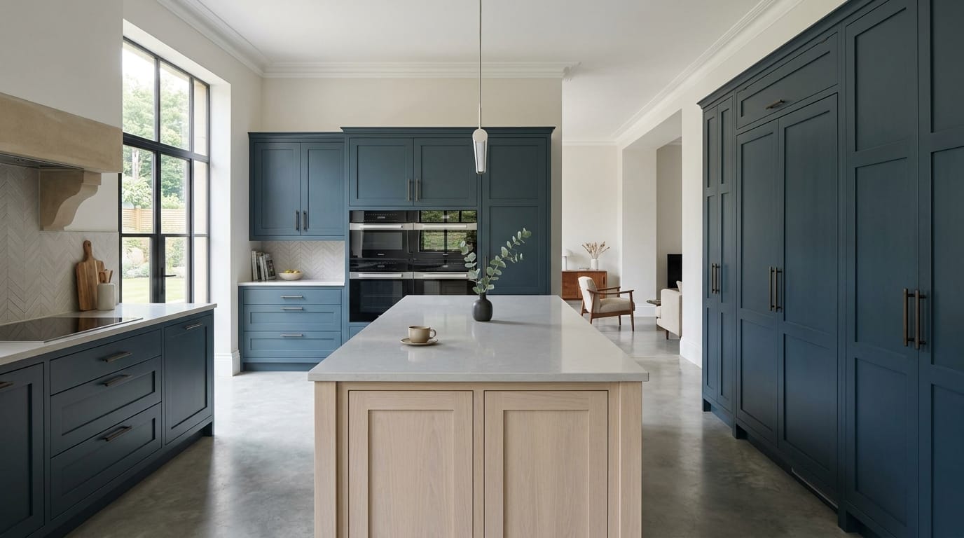 Wide view of a newly completed bespoke Mastercraft kitchen, timber veneer slab-door cabinetry in airforce tones