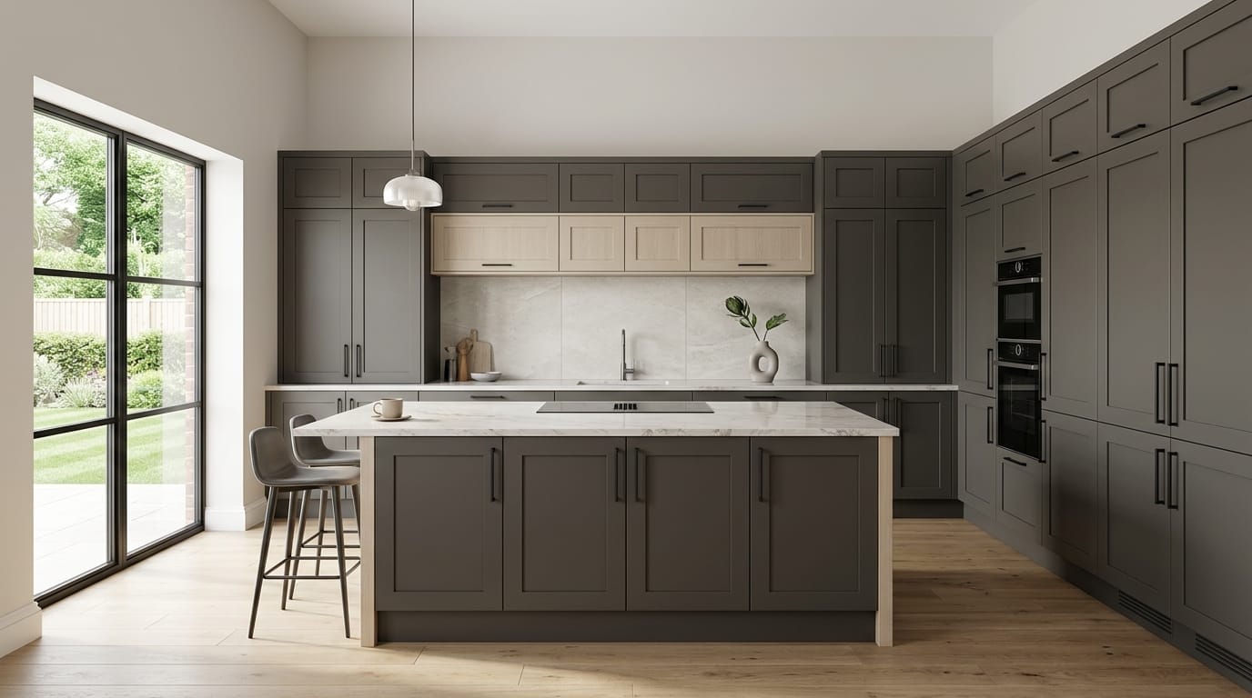Wide view of a newly completed bespoke Mastercraft kitchen, timber veneer slab-door cabinetry in light teal tones