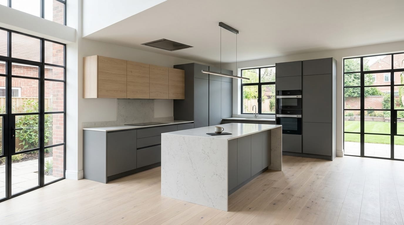 Wide view of a newly completed bespoke Mastercraft kitchen, modern shaker cabinetry in monument grey tones