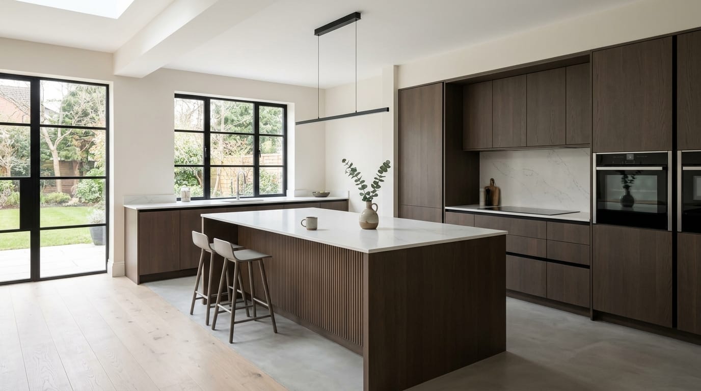 Wide view of a newly completed bespoke Mastercraft kitchen, contemporary painted lay-on cabinetry in lava tones