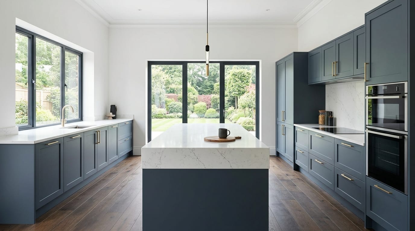 Wide view of a newly completed bespoke Mastercraft kitchen, timber veneer slab-door cabinetry in heritage green tones