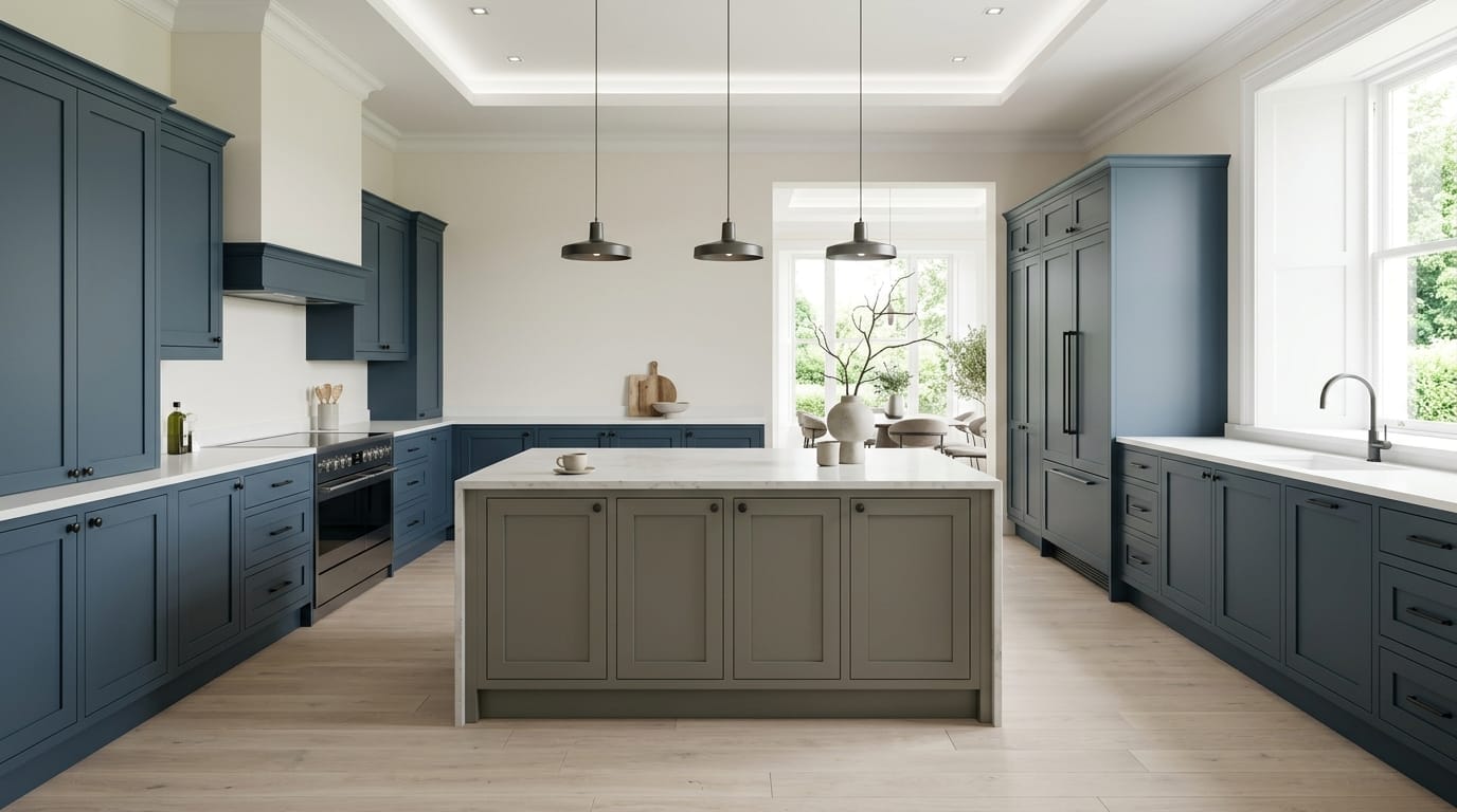 Wide view of a newly completed bespoke Mastercraft kitchen, timber veneer slab-door cabinetry in pantry blue tones