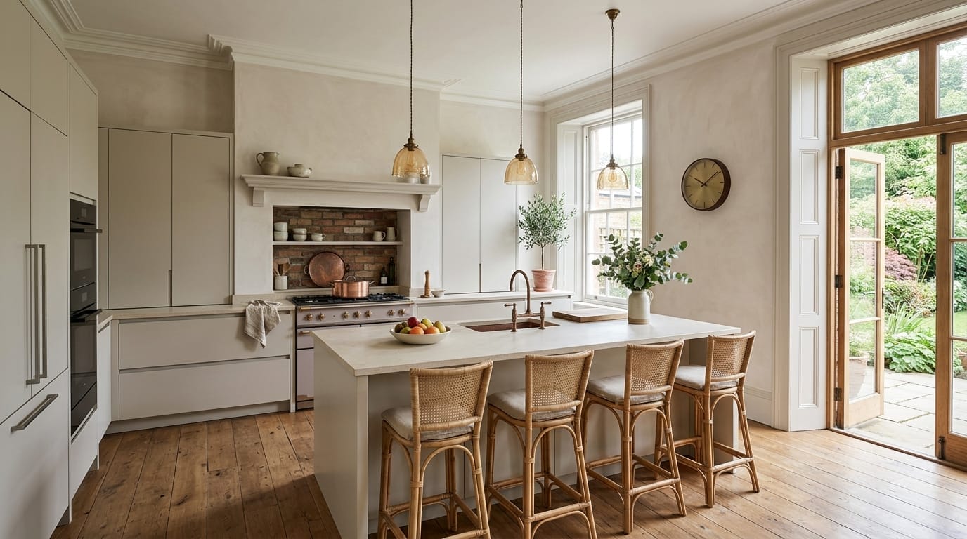 light kitchen with wooden floor, rattan bar stools and large garden doors