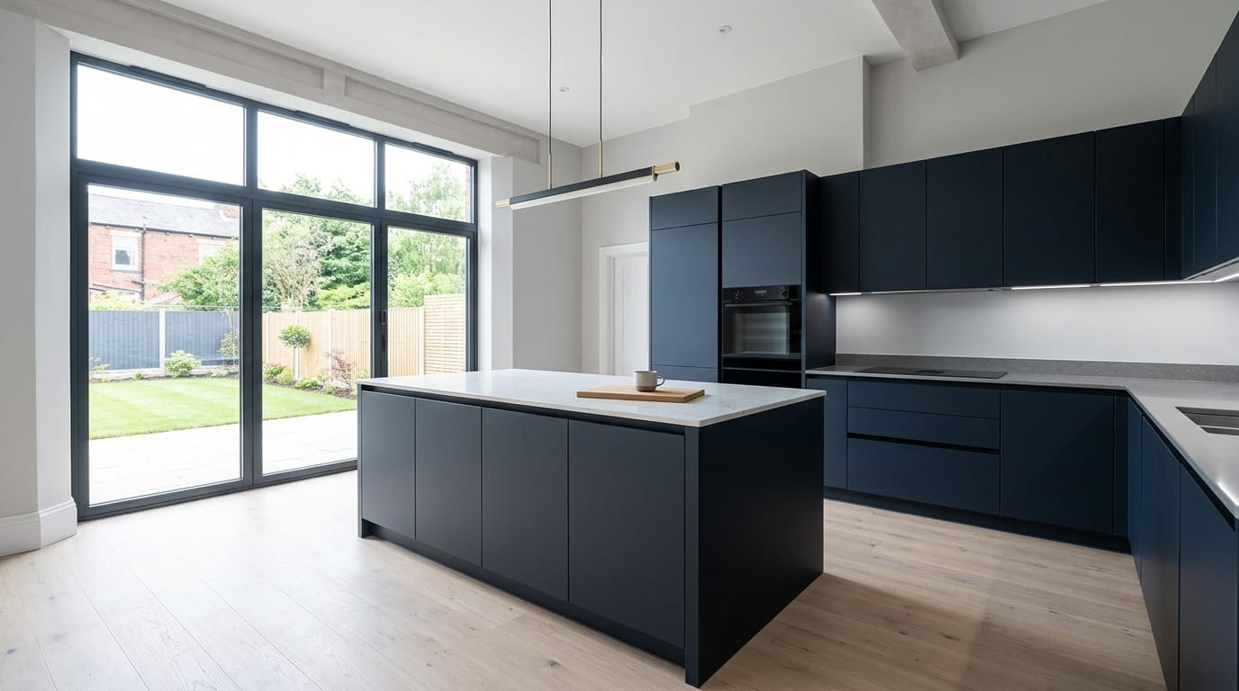 Wide view of a newly completed bespoke Mastercraft kitchen, contemporary in-frame cabinetry in marine tones