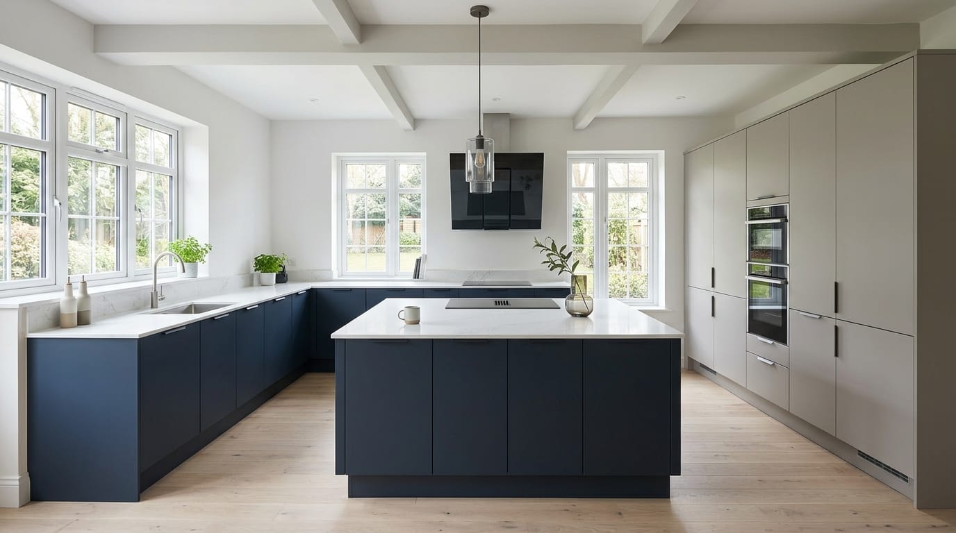 Wide view of a newly completed bespoke Mastercraft kitchen, matt painted handleless slab cabinetry in monument grey tones