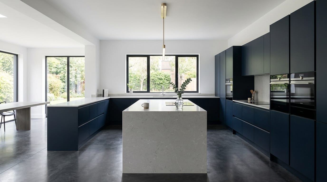 Wide view of a newly completed bespoke Mastercraft kitchen, contemporary in-frame cabinetry in reed green tones
