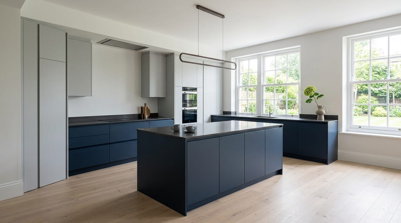 Wide view of a newly completed bespoke Mastercraft kitchen, modern shaker cabinetry in viridian tones