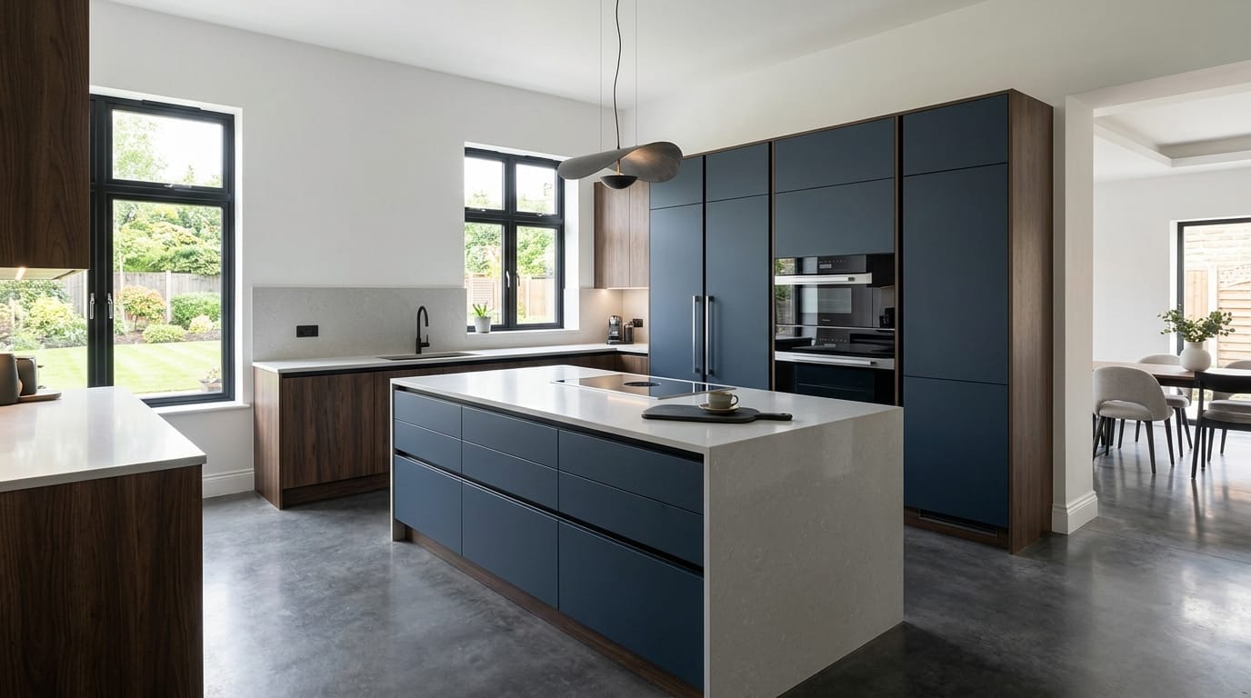 Wide view of a newly completed bespoke Mastercraft kitchen, matt painted handleless slab cabinetry in parisian blue tones