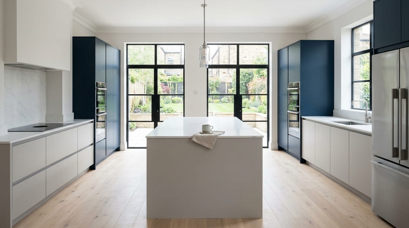 Wide view of a newly completed bespoke Mastercraft kitchen, matt painted handleless slab cabinetry in stone tones