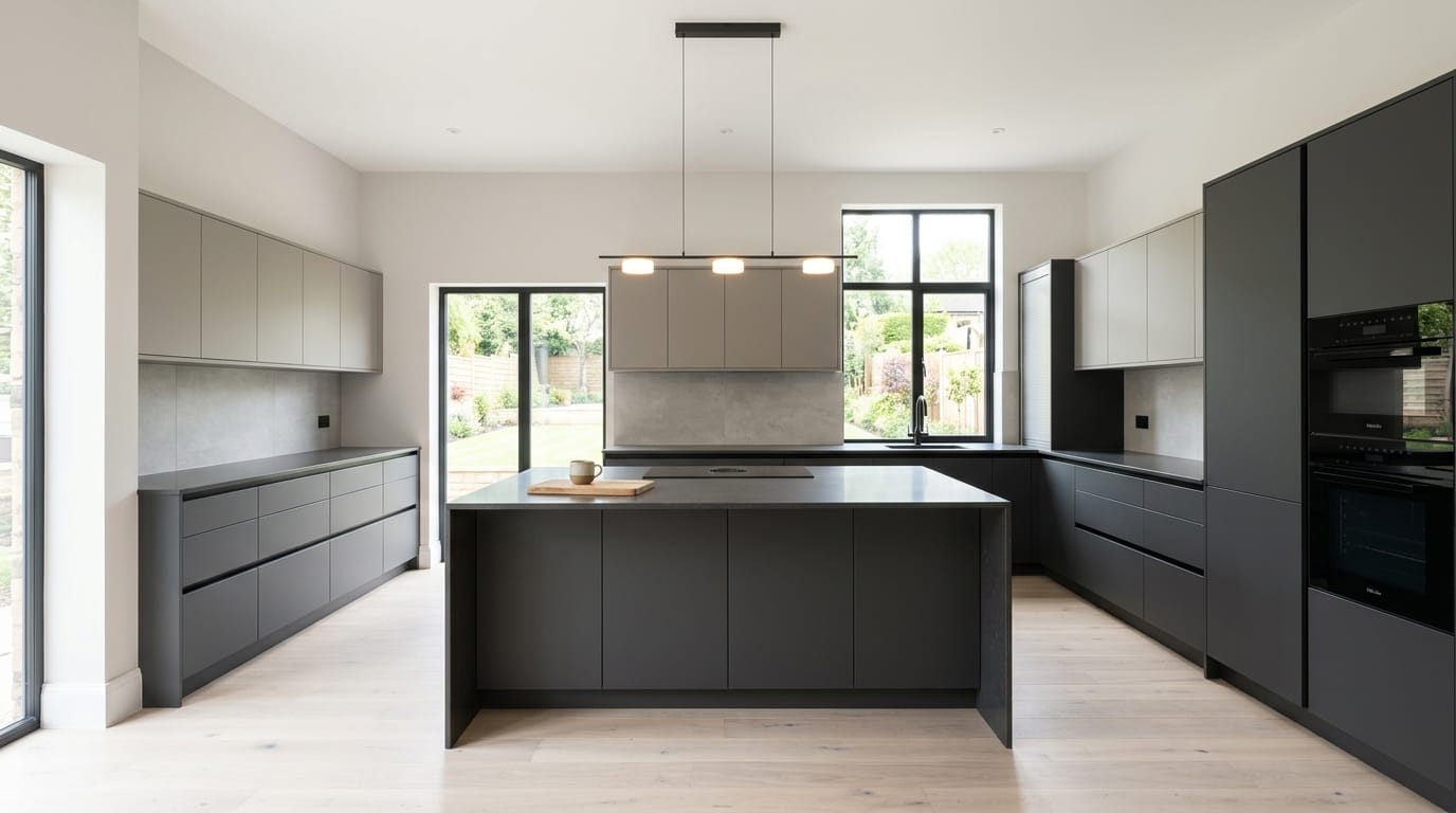 Wide view of a newly completed bespoke Mastercraft kitchen, timber veneer slab-door cabinetry in light teal tones