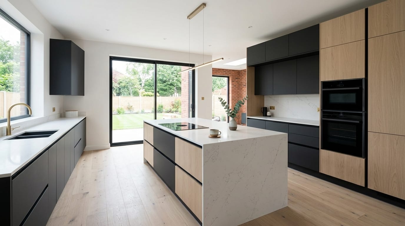 Wide view of a newly completed bespoke Mastercraft kitchen, contemporary painted lay-on cabinetry in mussel tones