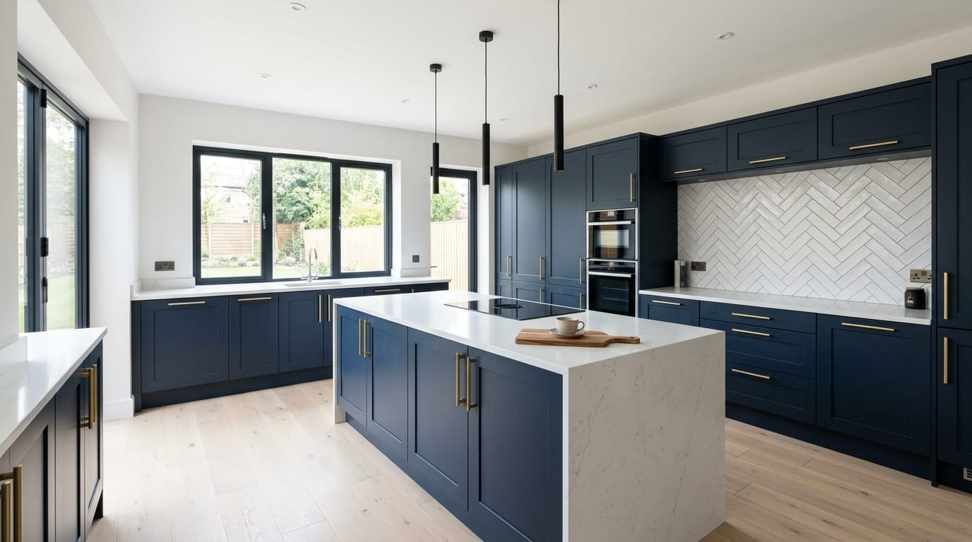 Wide view of a newly completed bespoke Mastercraft kitchen, matt painted handleless slab cabinetry in airforce tones