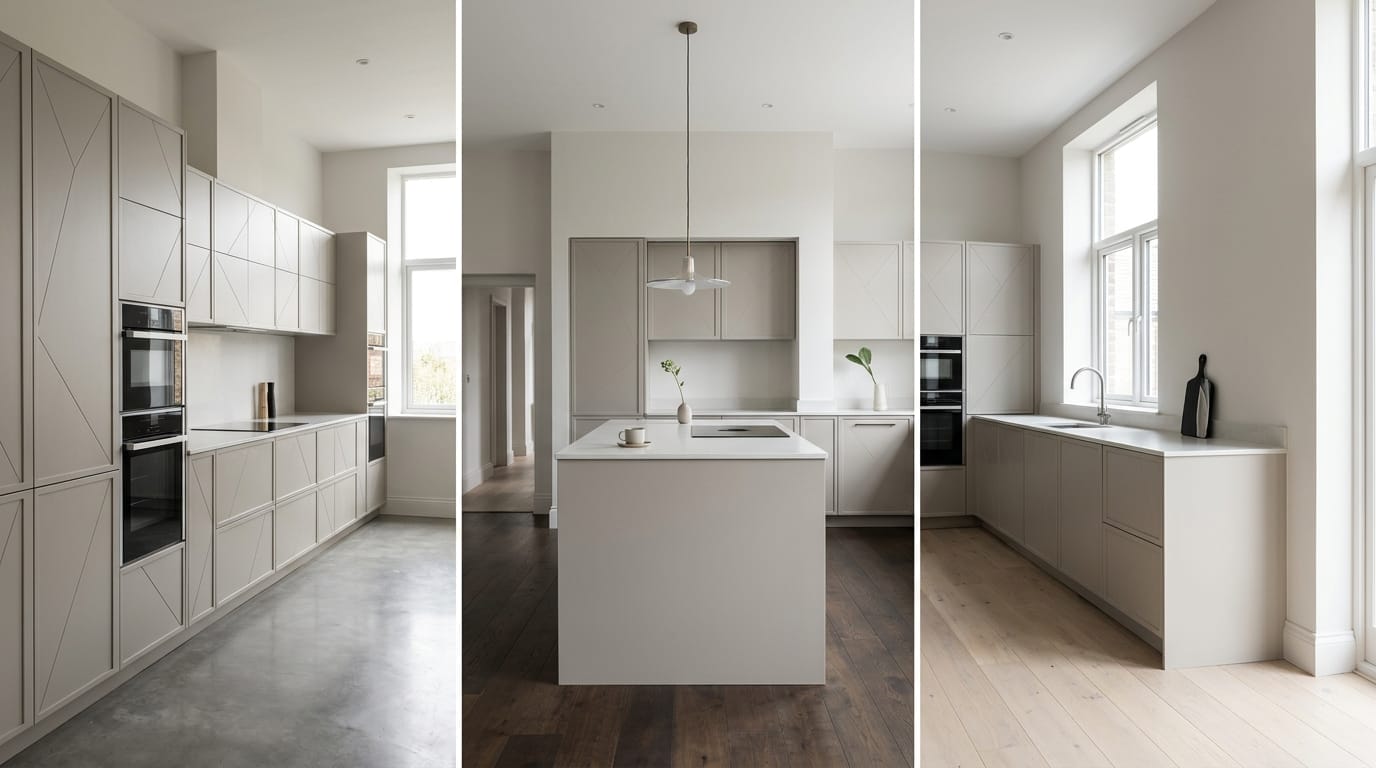 Wide view of a newly completed bespoke Mastercraft kitchen, contemporary painted lay-on cabinetry in slate blue tones