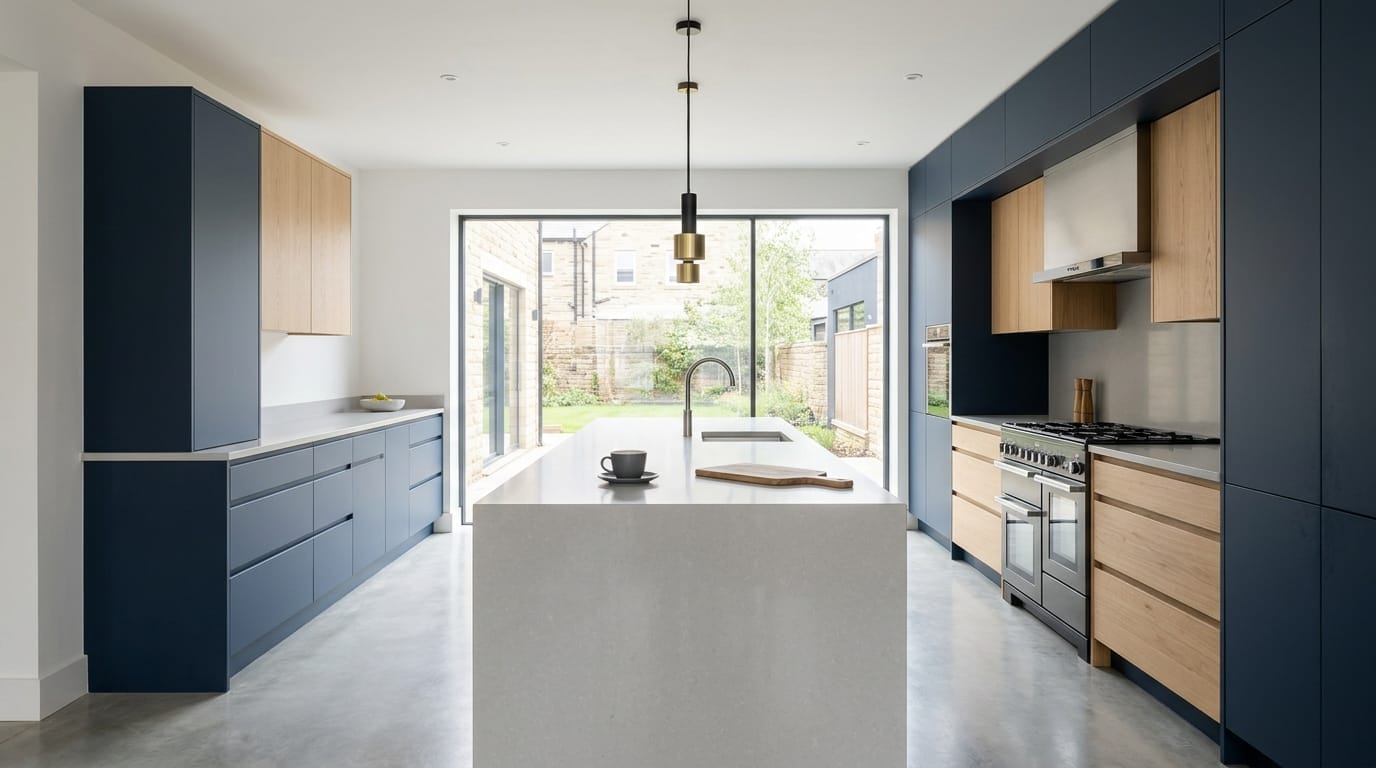 Wide view of a newly completed bespoke Mastercraft kitchen, timber veneer slab-door cabinetry in deep forest tones