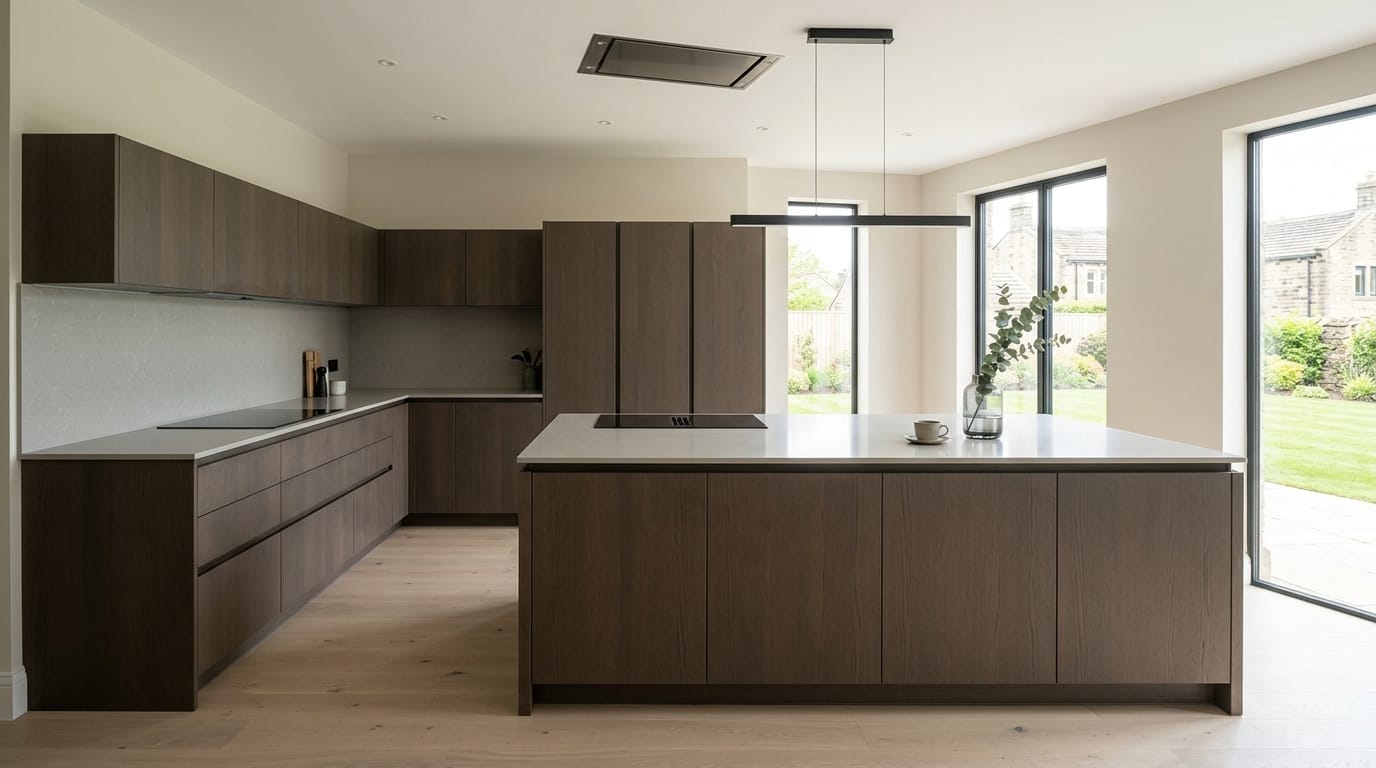 Wide view of a newly completed bespoke Mastercraft kitchen, contemporary in-frame cabinetry in airforce tones