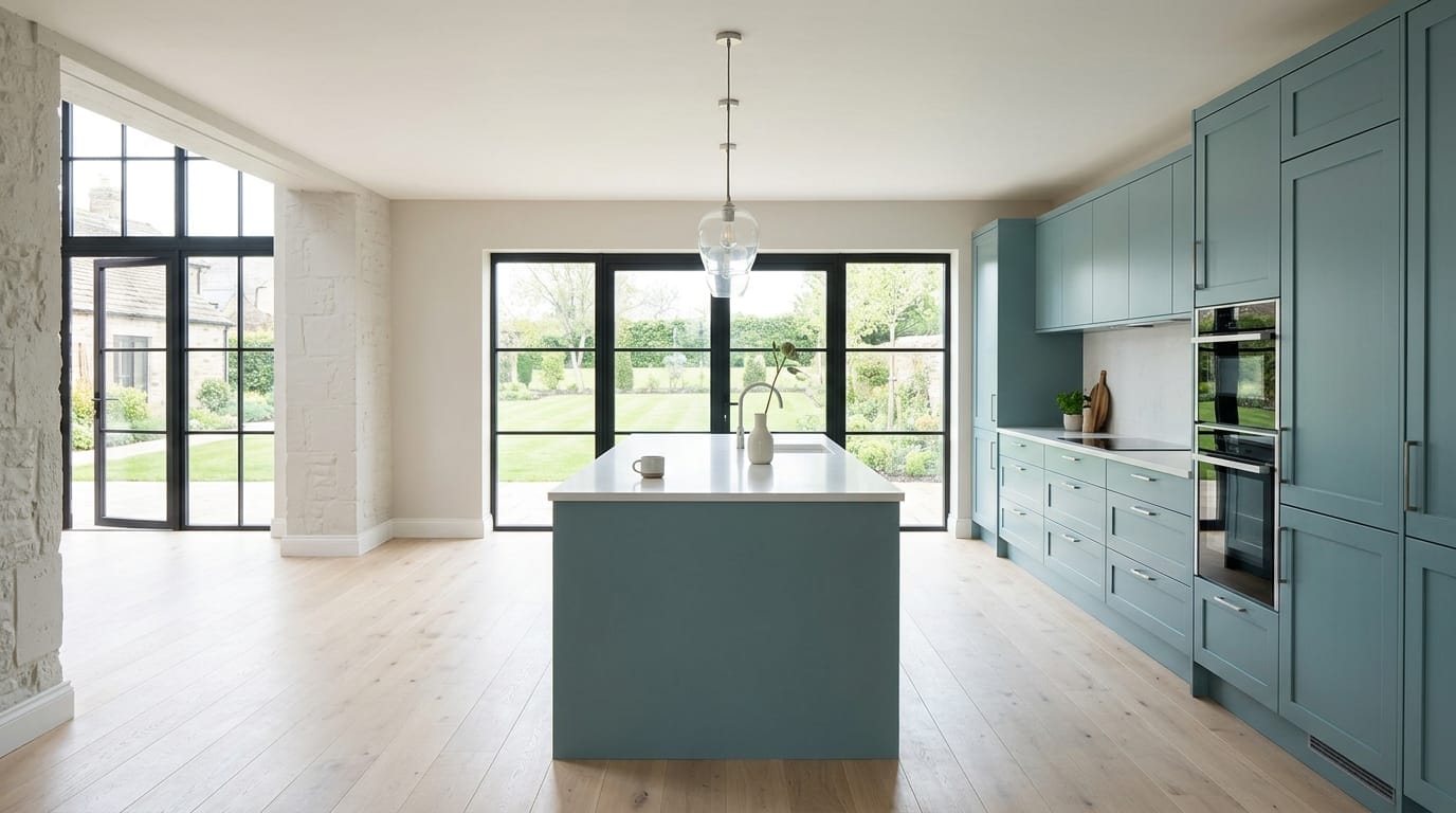Wide view of a newly completed bespoke Mastercraft kitchen, contemporary painted lay-on cabinetry in ivory tones