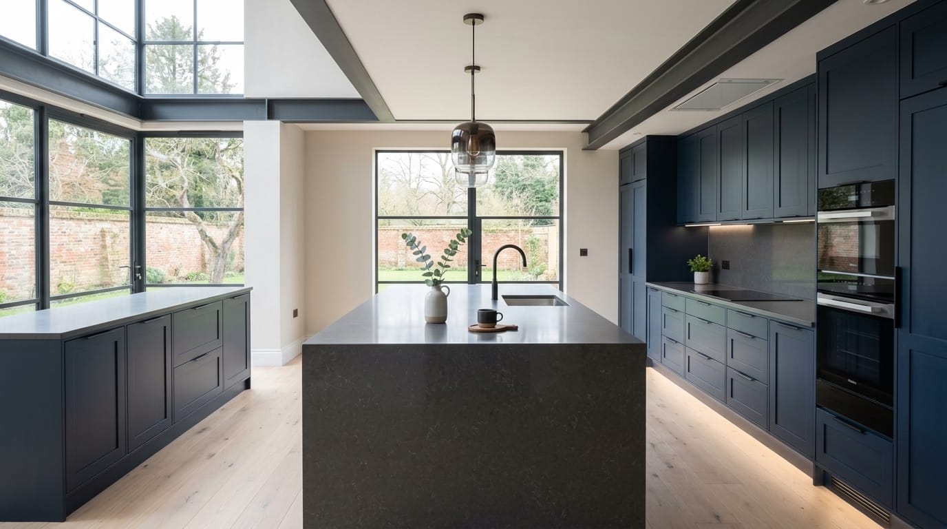 Wide view of a newly completed bespoke Mastercraft kitchen, modern shaker cabinetry in marine tones