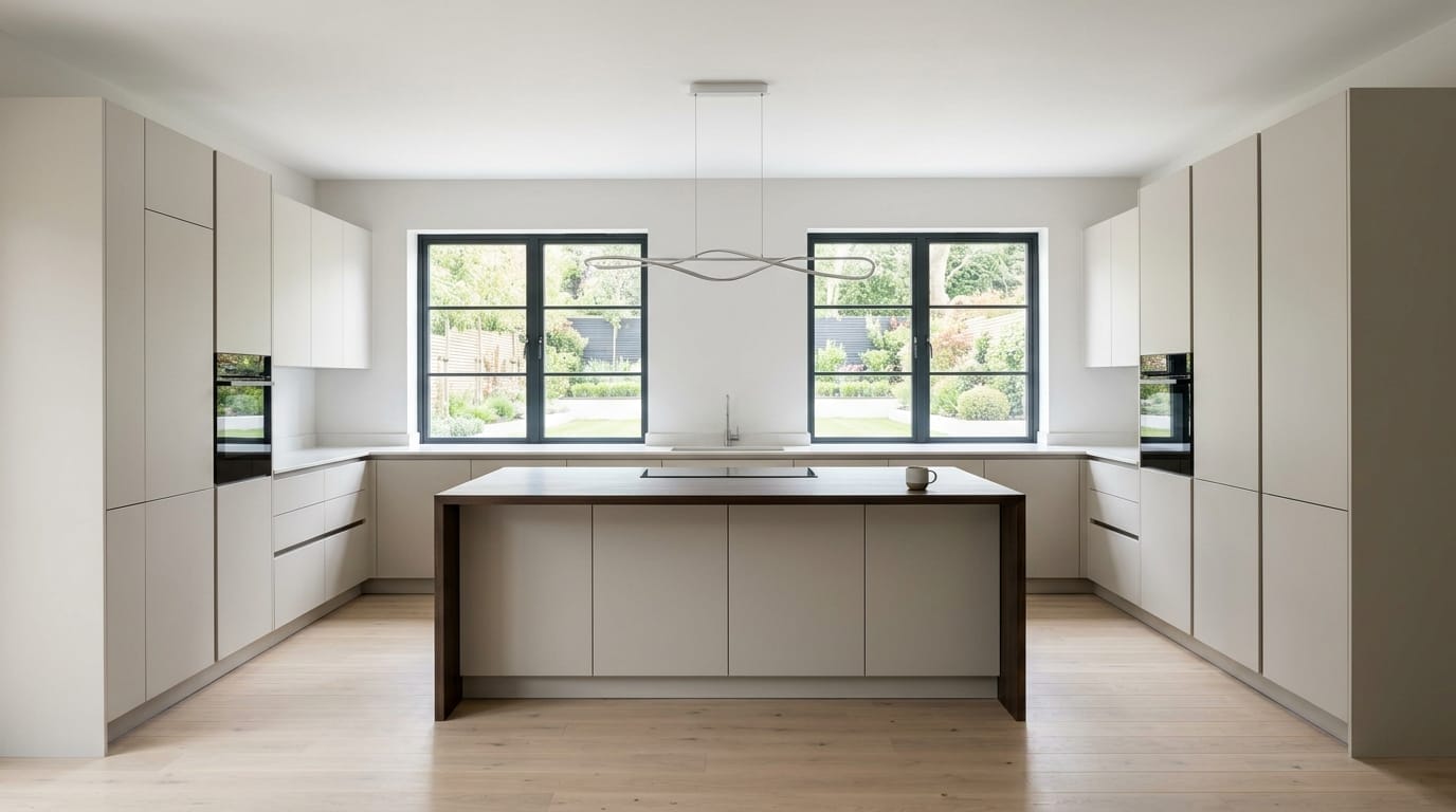 Wide view of a newly completed bespoke Mastercraft kitchen, matt painted handleless slab cabinetry in stone tones