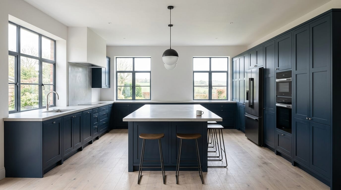 Wide view of a newly completed bespoke Mastercraft kitchen in a Dearne home, matt painted handleless slab cabinetry in willow tones