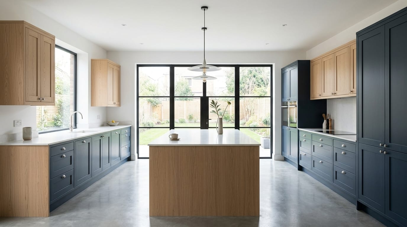 Wide view of a newly completed bespoke Mastercraft kitchen, matt painted handleless slab cabinetry in lava tones